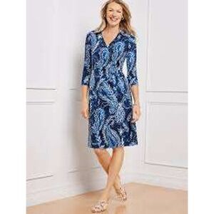 Talbots Effortless Jersey Kelly Dress Small Paisley Faux Wrap Blue White Classic